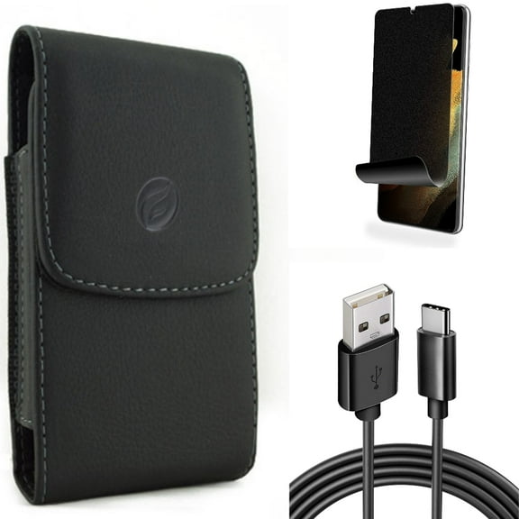 Privacy Screen Protector & Case Belt Clip & 6ft USB Cable for Samsung Galaxy S22 Plus (S22 ) - Combo TPU Film (Fingerprint Works) Anti-Peep & Leather Holster Cover & Type-C Charger Cord Power