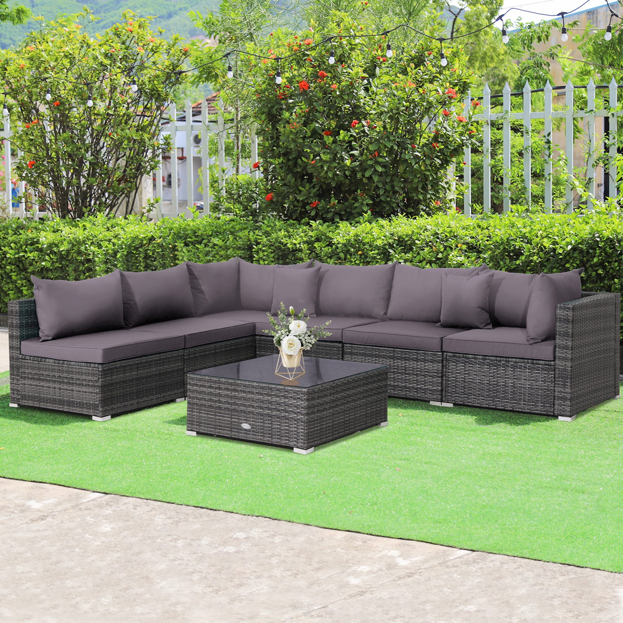 Gymax 7PCS Patio Rattan Sectional Sofa Set Outdoor Furniture Set w/ Grey Cushions