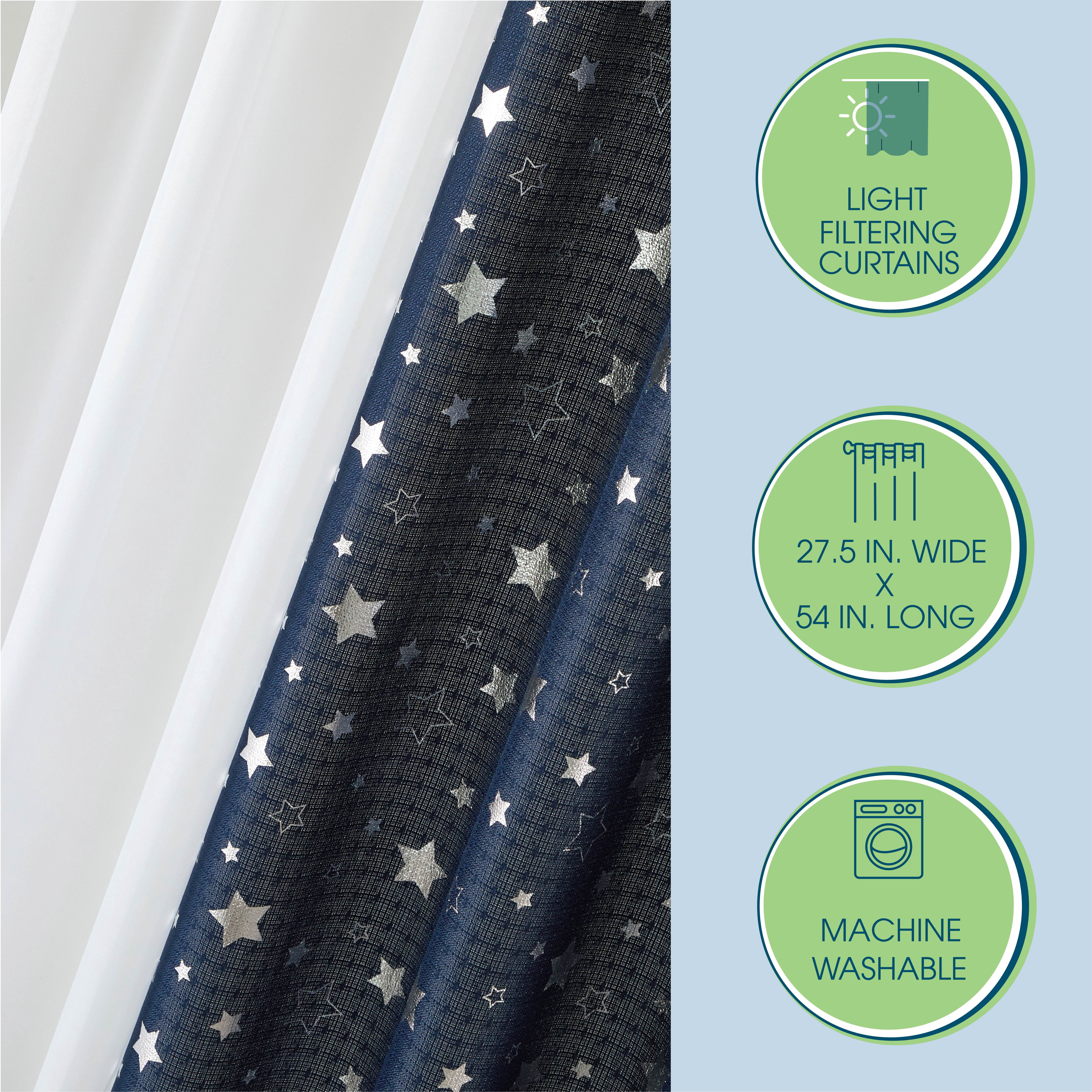 Your Zone Curtain and Sheers Panel Set, 4-Piece, Foil Stars Navy, 27.5" W x 54" L