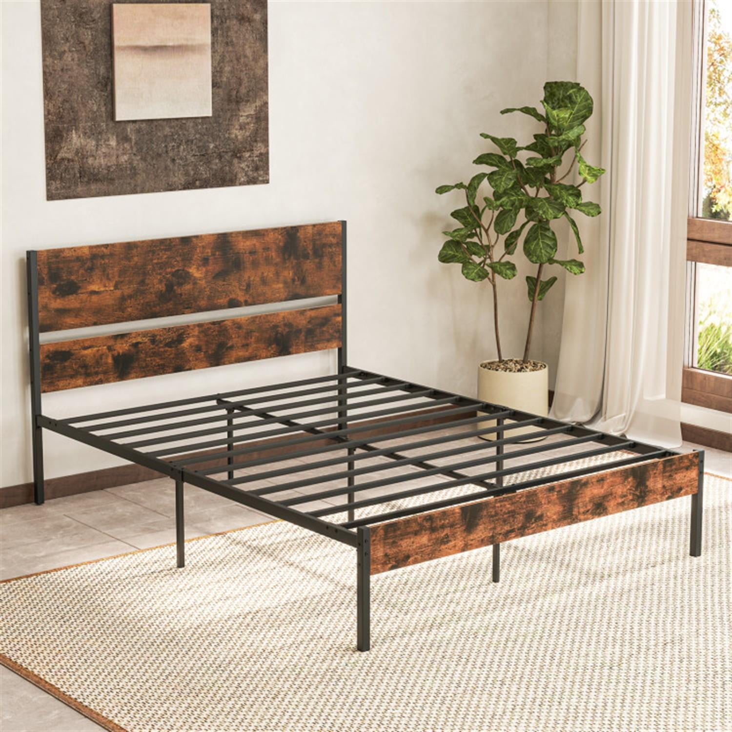 Demi Bonn Queen Size Bed Frame with Wooden Headboard and Footboard, Modern Metal Platform Bed Frame with Under Bed Storage, No Box Spring Needed, Brown