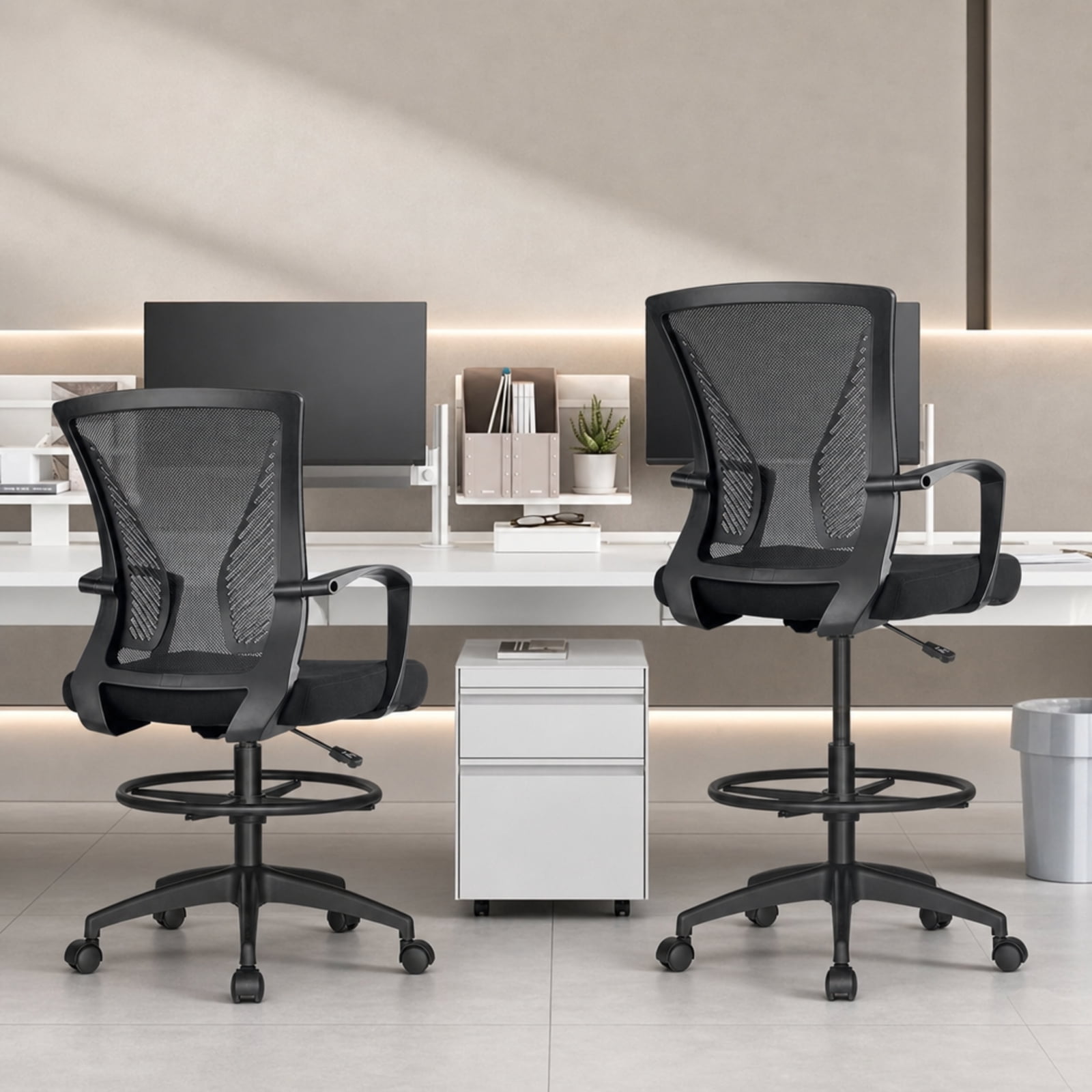 Fenbeli Drafting Chair Tall Office Chair with Lumbar Support and Adjustable Footrest Ring, Black