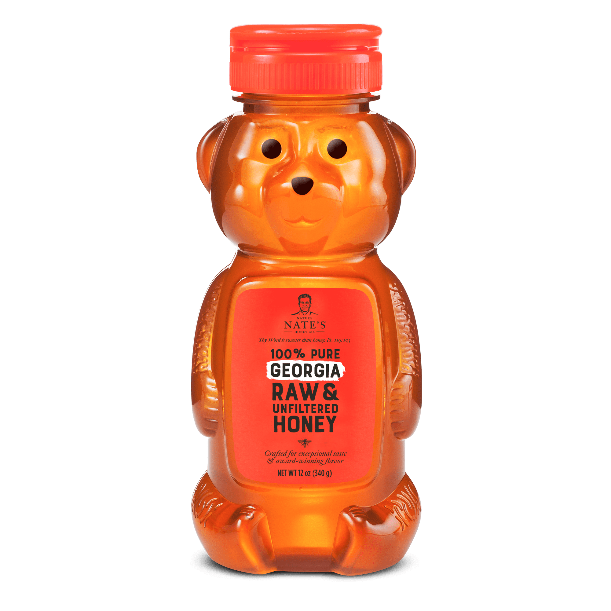 Nature Nate's Georgia Honey: 100% Pure, Raw and Unfiltered Honey - 12 fl oz Bear Bottle