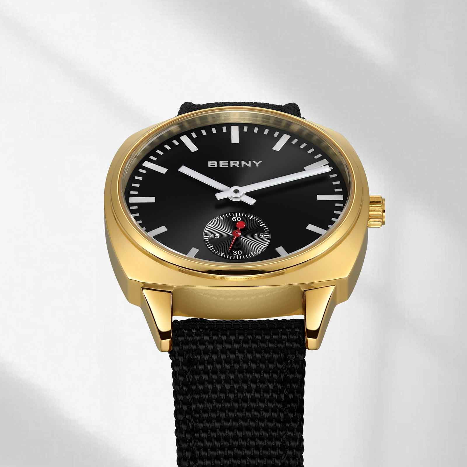 BERNY Gold Watch for Women, Casual Women Quartz Watch with Nylon Strap, Small Seconds Hand, Fashion Women's Wristwatch, Waterproof Classic Ladies Watch, Black