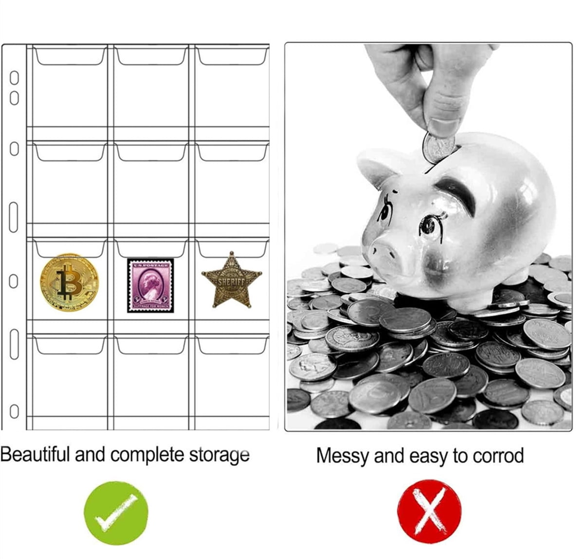 12-Pocket Coin Bags,Coin Collecting Pages 10 Pcs,Standard 9-Hole Coin Collection Pages,Coin Collecting Supplies for Collectors,Currency Stamp Badges Collecting Sleeves (Clear)