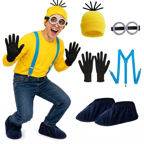 GOBWCOT Yellow Cartoon Costume Accessories for Adults, Set of 5 Halloween Cosplay Kit for Men Women, Yellow Beanie Hat with Black Gloves, Blue Suspenders, Goggles and Shoe Covers for Dress Up