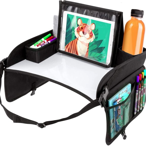 Kids Travel Tray, Toddler Car Seat Table with Tablet Stand, Foldable, Black