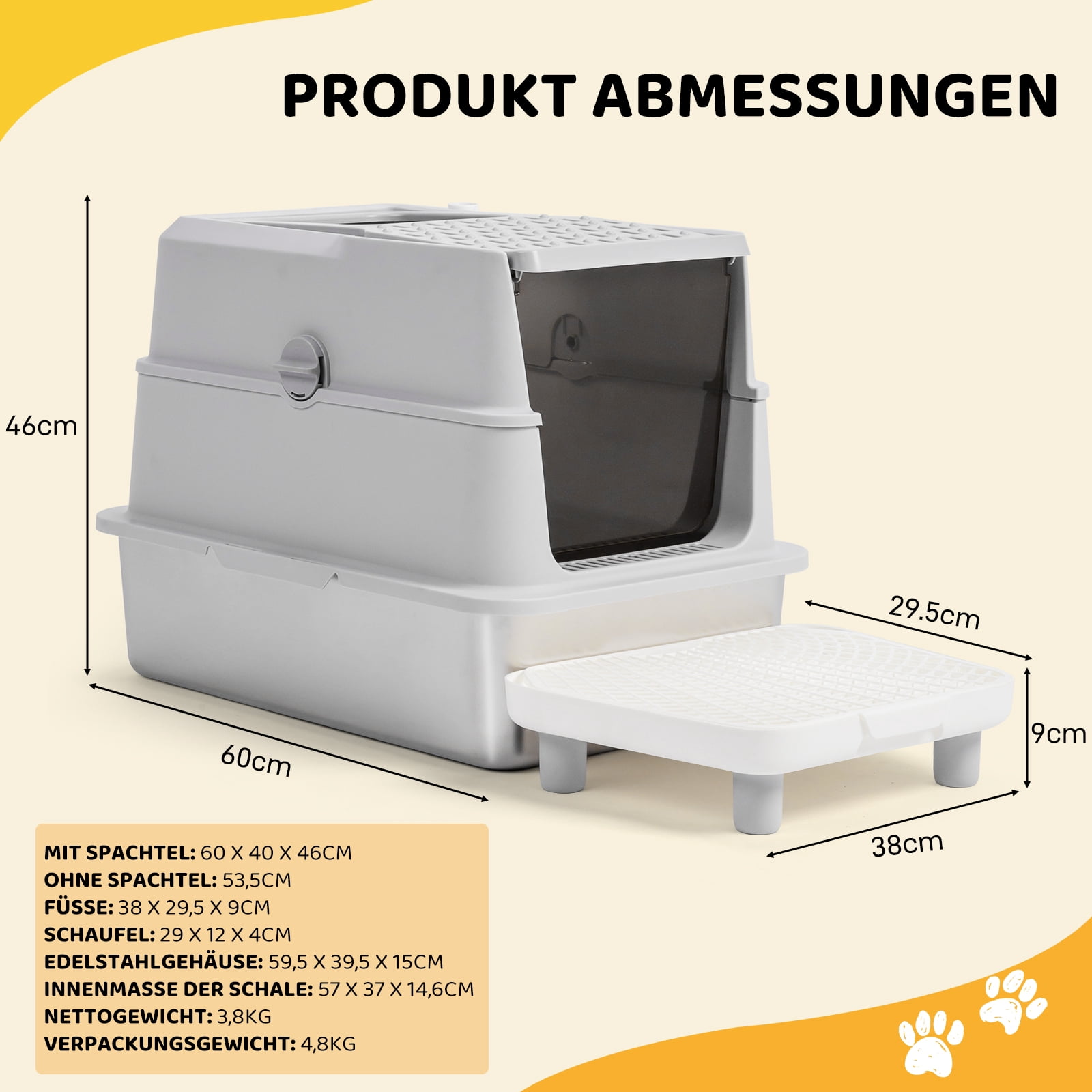 Ktaxon Enclosed Cat Litter Box - Stainless Steel Large (60x40x46cm) with Scoop & Mat, Odor Control, Grey