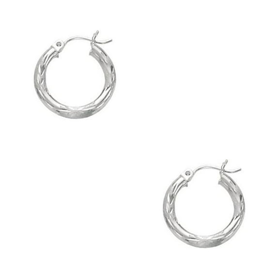 14k White Gold 3x15mm Shiny Sparkle-Cut Round Tube Hoop Earrings With Hinged Clasp - 1.3 Grams