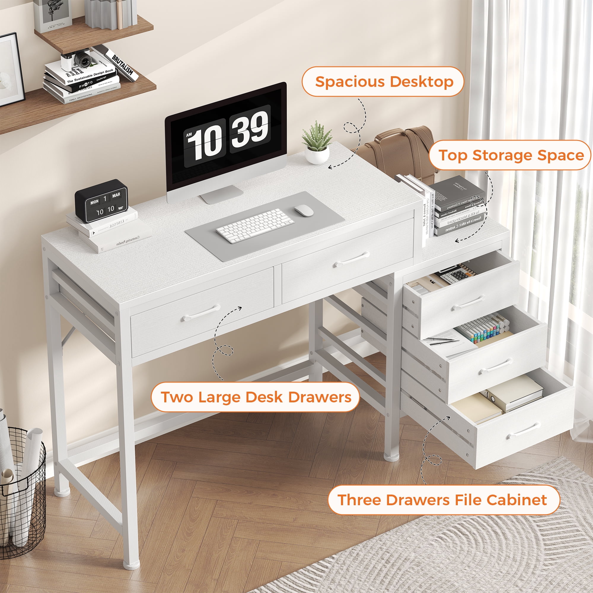 IULULU 51inch Computer Desk with 5 Drawers, Woodtop Desk of Small Spaces, Modern Style for Home Office, White