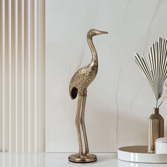Figurine Metal Wood Aluminum Crane Shape with Detailed Feathers Freestanding Boho Accent for Home Office Bedroom or Living Room Decor - 16" Gold