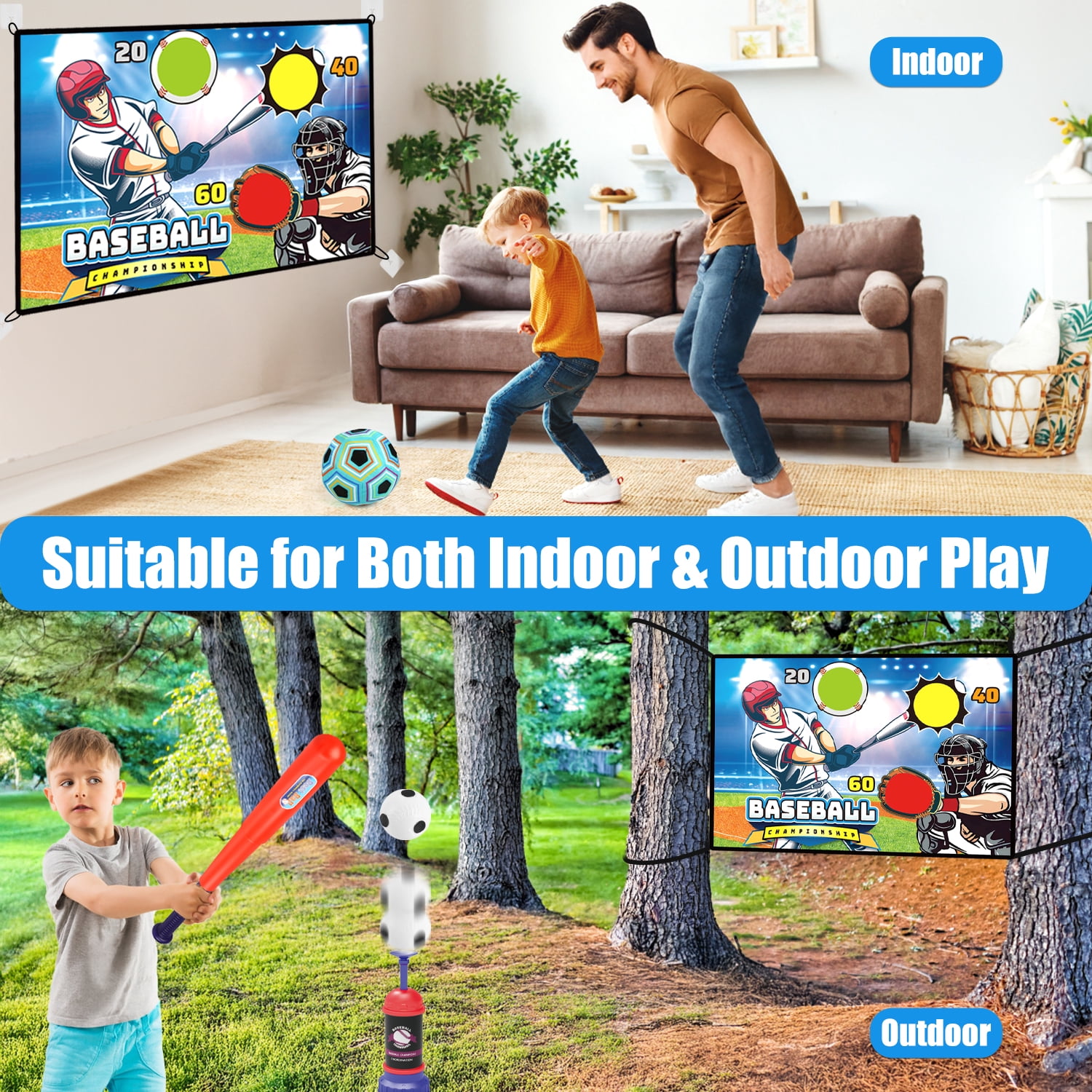 Huge Wave T-Ball Set Toys for Boys Aged 5-7, 2 in 1 Soft Soccer Ball Game Mat Set, Indoor/Outdoor Baseball Sport for Boys, Christmas Birthday Gift for Kids 4-8 Years Old