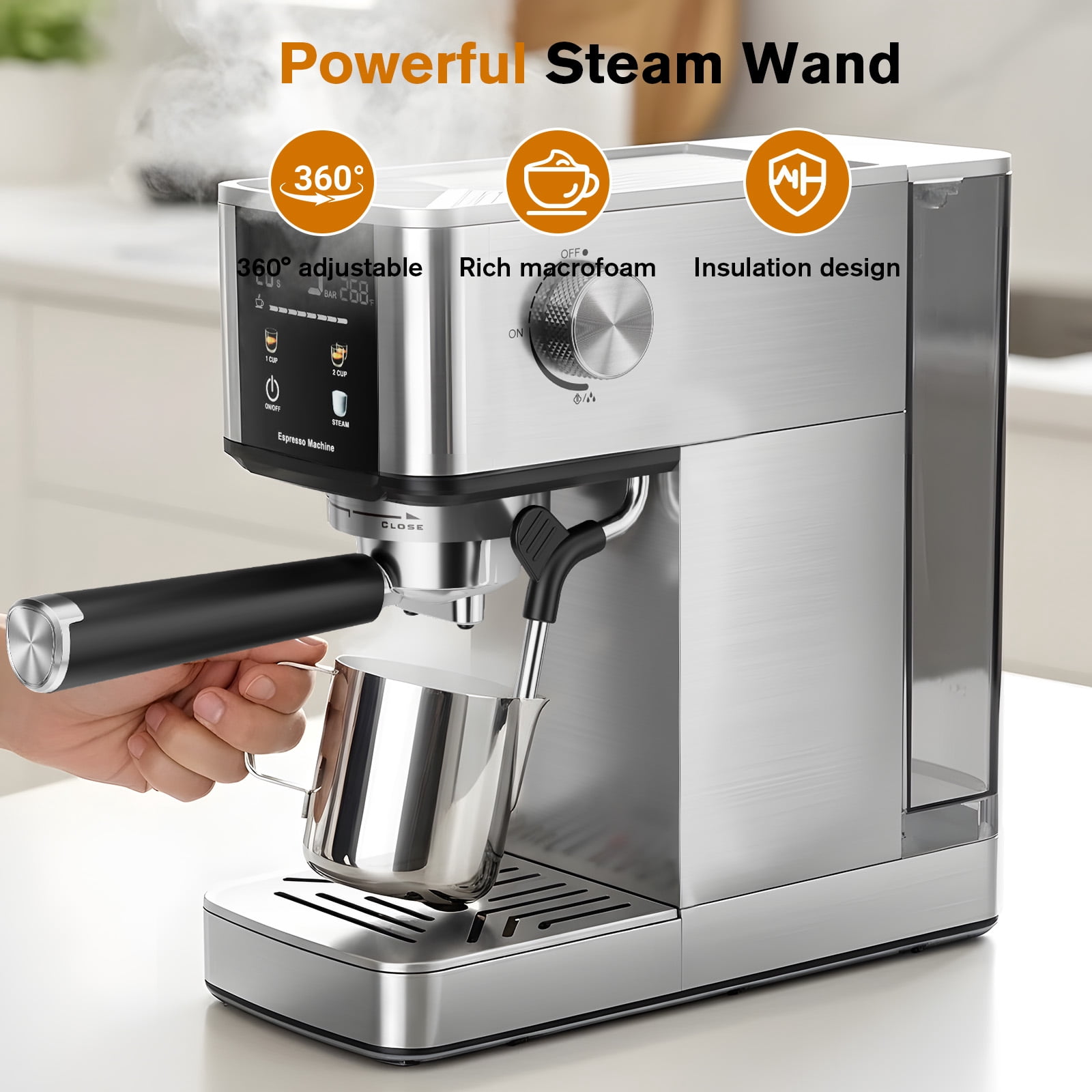 Auseo 20 Bar Espresso Machine with Milk Frother Steam Wand &Color Touchscreen ,1.4L Removable Water Tank， Professional Coffee Maker for Latte & Cappuccino