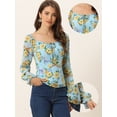 thumbnail image 2 of Top floral fruncido para mujer elegante blusa de manga larga con cuello cuadrado Azul Claro M, 2 of 5