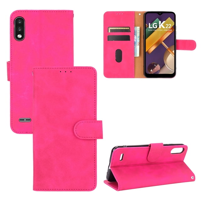For LG K22 PU Leather Flip Case Card Slots Holder Kickstand Book Folding Folio Cover-Pink