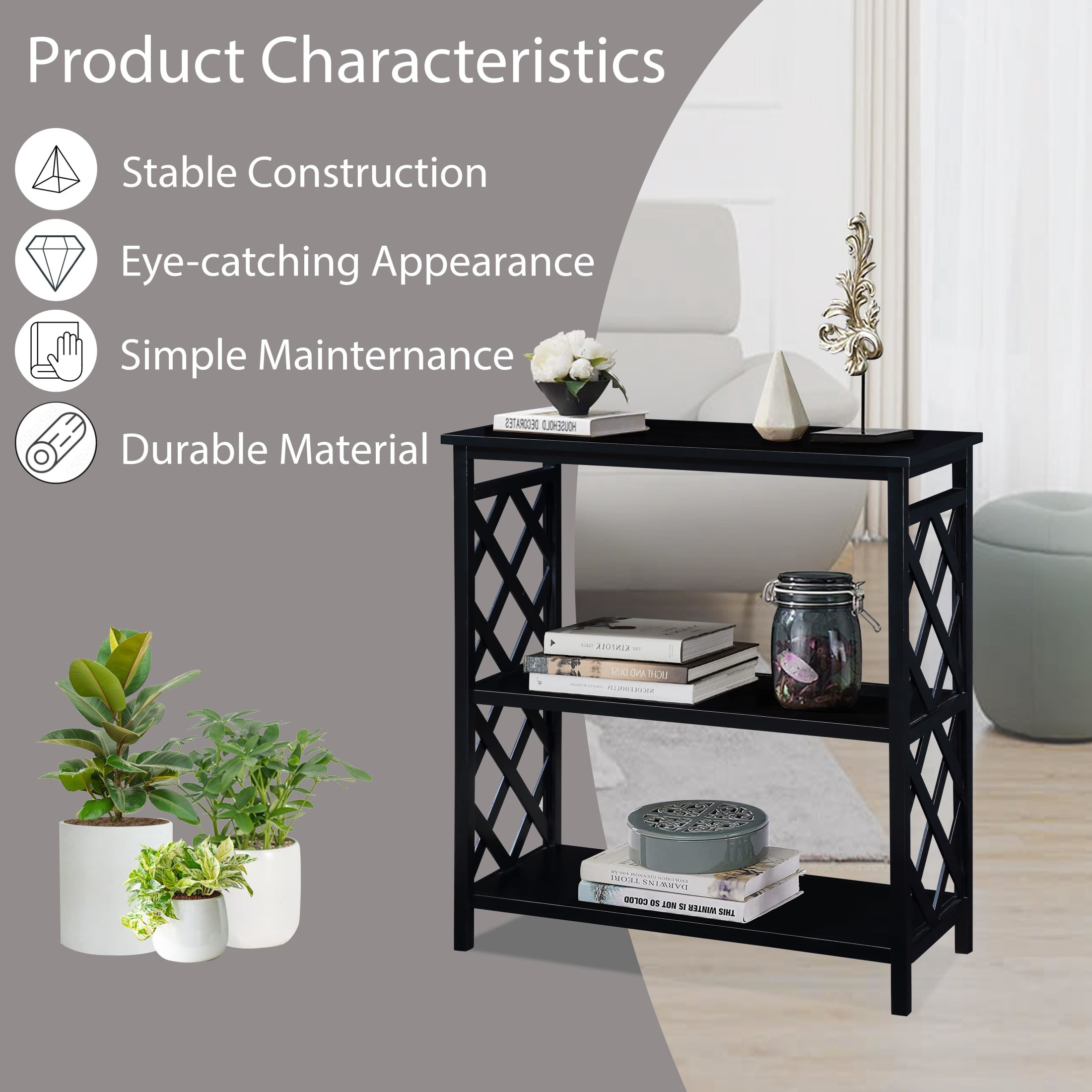 Noble House 32" Console Table, Solid Wood Legs with 3-Tier MDF Open Storage Shelves, Entryway Bookshelf, Black