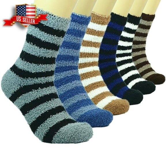 6 Pairs Mens Soft Cosy Fuzzy Winter Warm Home Striped Slipper Socks Size 9-13