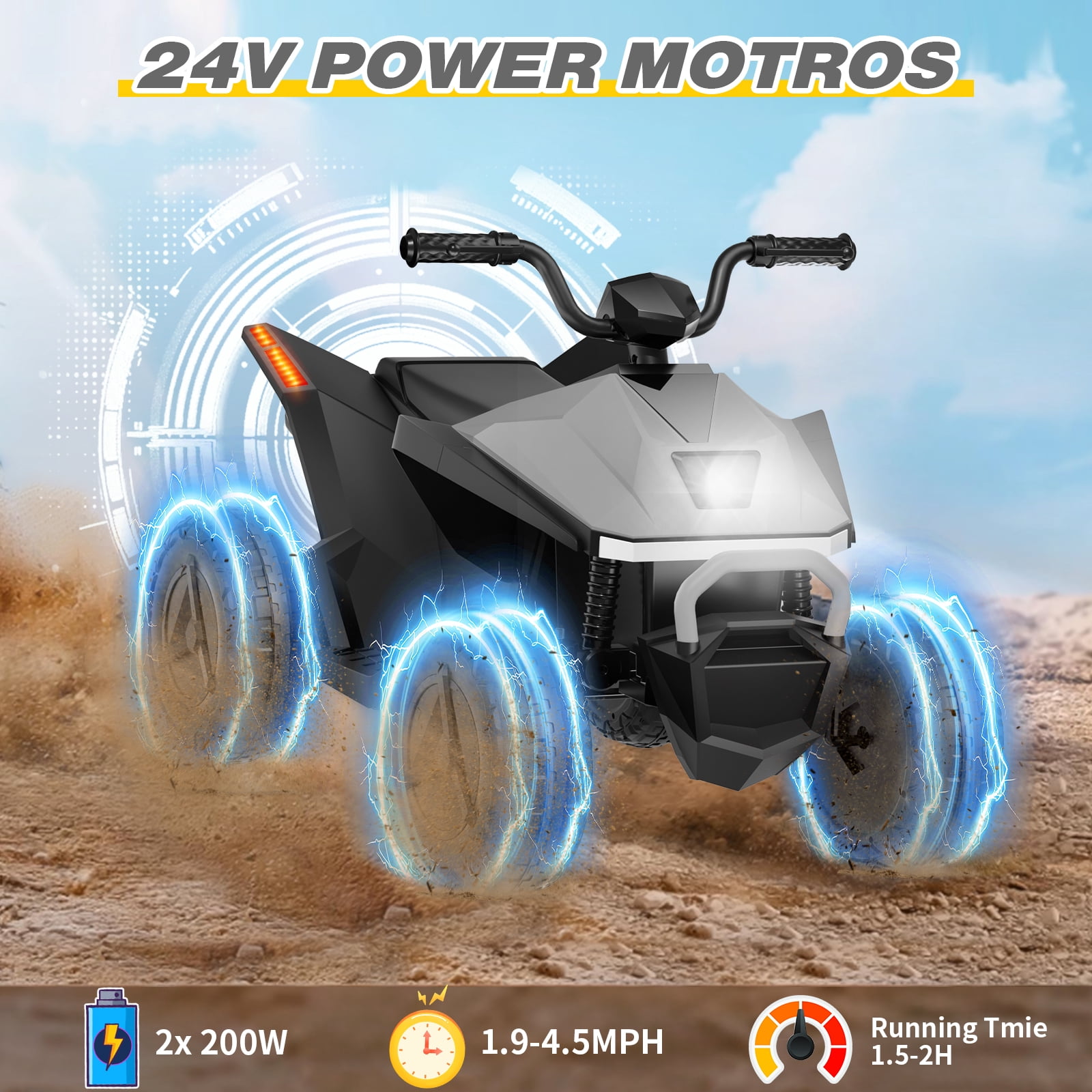 HHVEL 24V Kids ATV 4 Wheeler, Ride on Toy Car for Big Kids with 2 Seater, LED Headlights, Bluetooth, Music 4.5mph Max Speed Ride on ATV for 3-8 Boys & Girls，Gray