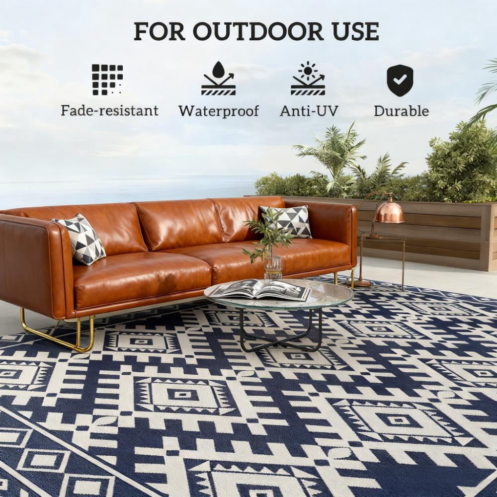 9' x 18' Blue & White Rhombus Border Reversible Outdoor Rug, Waterproof Patio Camping Mat with Carry Bag, Foldable Portable RV Carpet