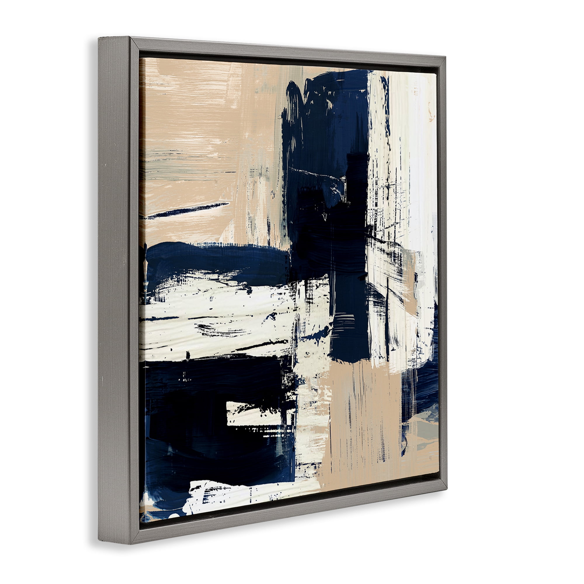 Stupell Industries Expressive Blue Tan Shapes Abstract Painting Gray Floater Framed Canvas Art Print Wall Art, 25 x 25