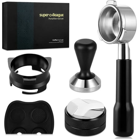 

Gift Box 54mm Bottomless Portafilter Two Cup Basket Filter Distributor Leveler Hands-Free Dosing Ring Funnel Tamper Tamping Mat for Breville 8 Series Stainless Steel Coffee Machine Set of 7 Black ABS