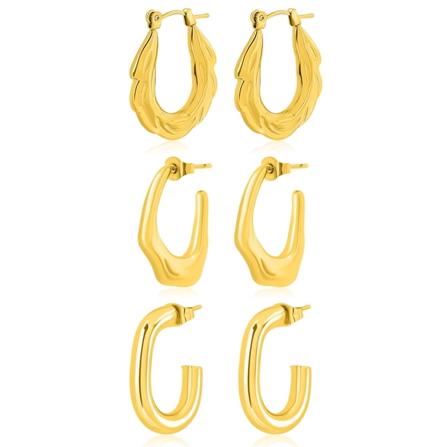 JeenMata Juego de Regalo de 3 Pares de Aretes para Mujer en Baño de Oro Amarillo, Livianos, Gruesos, con Aro Tipo Huggie, Juego de Regalo de Aretes para Toda Ocasión