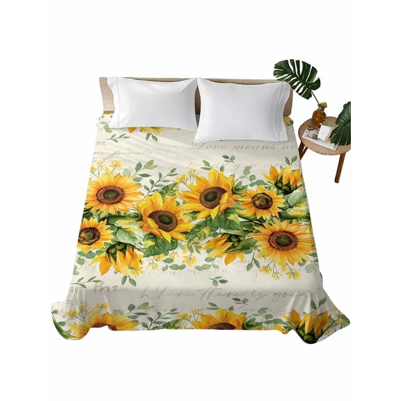 Sunflower Flat Sheets Only Twin XL Size, Soft Breathable Bed Top Sheets for Mattress, Country Botanical Yellow Green Floral Leaf Luxury Bedding Flat Sheets for Home Hotel Bedroom Bed Protection