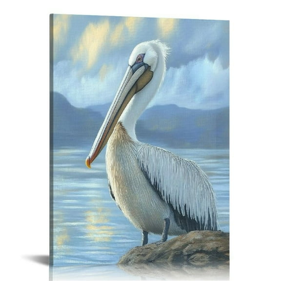Shadudu Pelican Cloudy Coastal beach Canvas Wall Art 12x16 in
