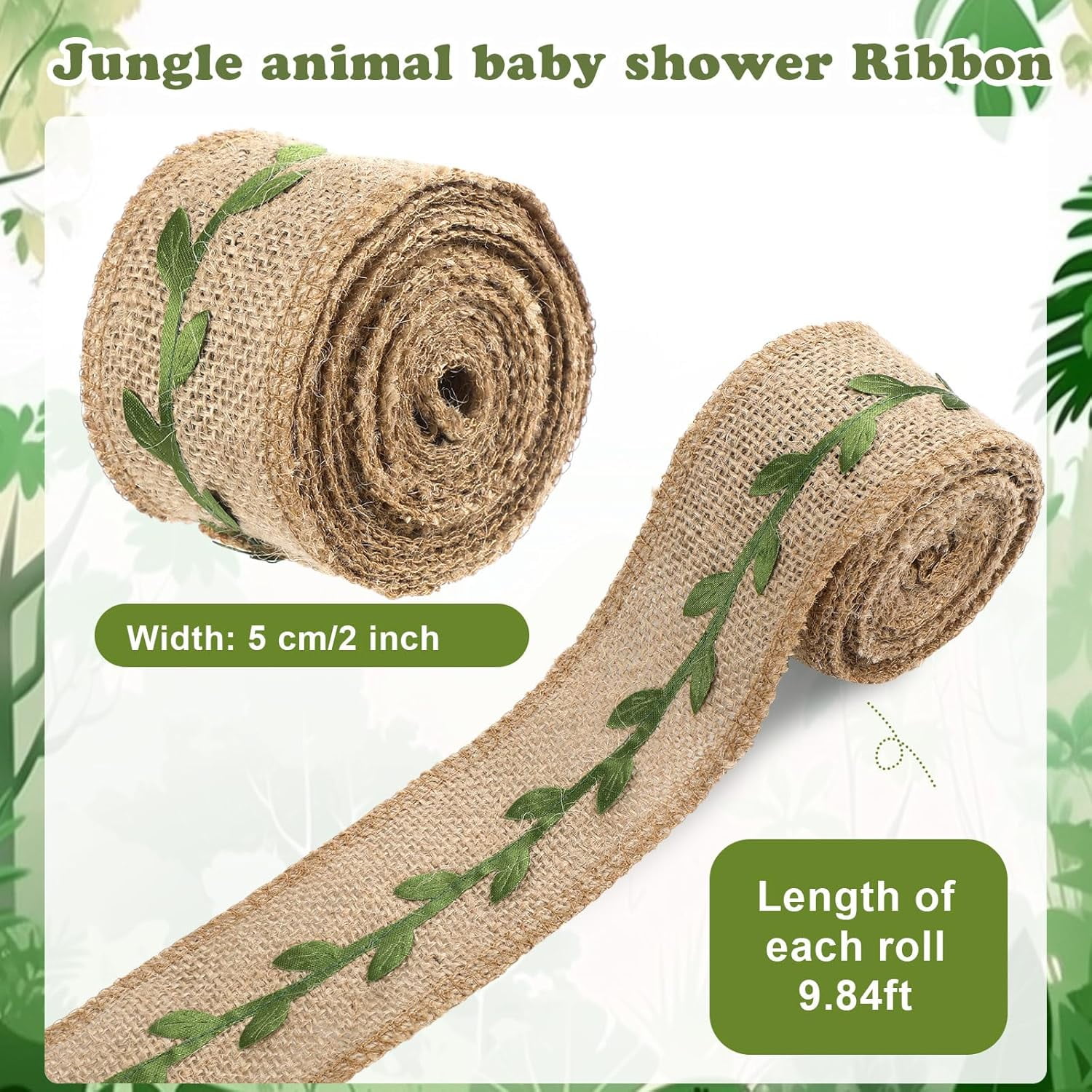 Dalrosia 4PCS Cake Burlap Ribbon Green Leaf Woodland Theme Cake Safari Ribbon for Jungle Baby Shower Party Wrapping Decorations
