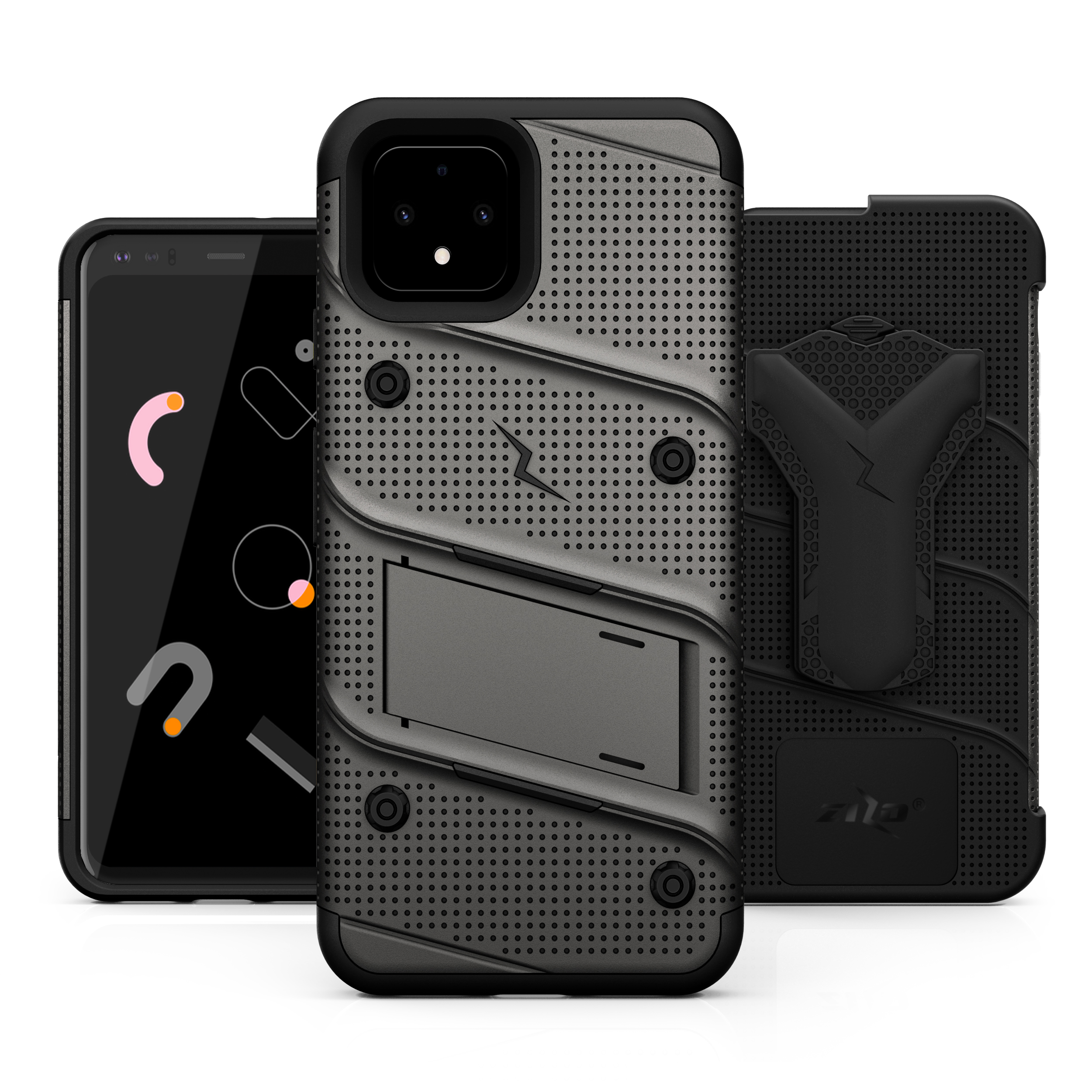 ZIZO BOLT Series Google Pixel 4 XL Case | Heavy-duty Military-grade Drop Protection w/ Kickstand Included Belt Clip Holster Tempered Glass Lanyard (Metal Gray/Black)