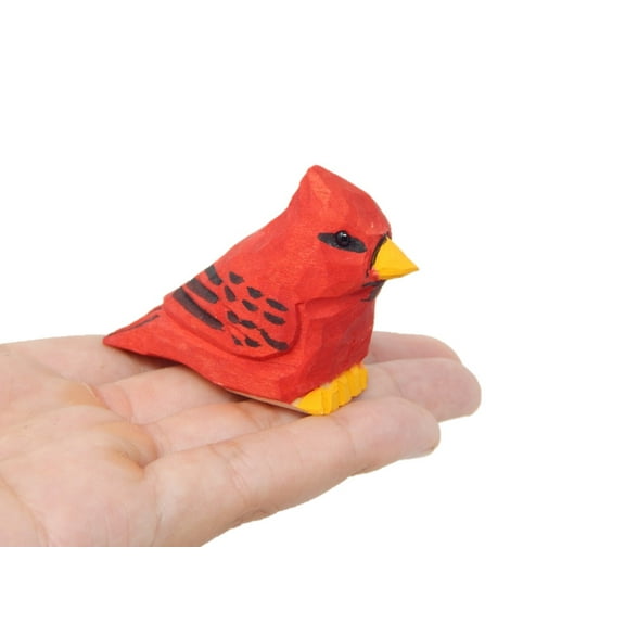 Cardinal Bird Wood Figurine - Miniature Handmade Red Art Carved Small Animals Collectible Memorial Gift