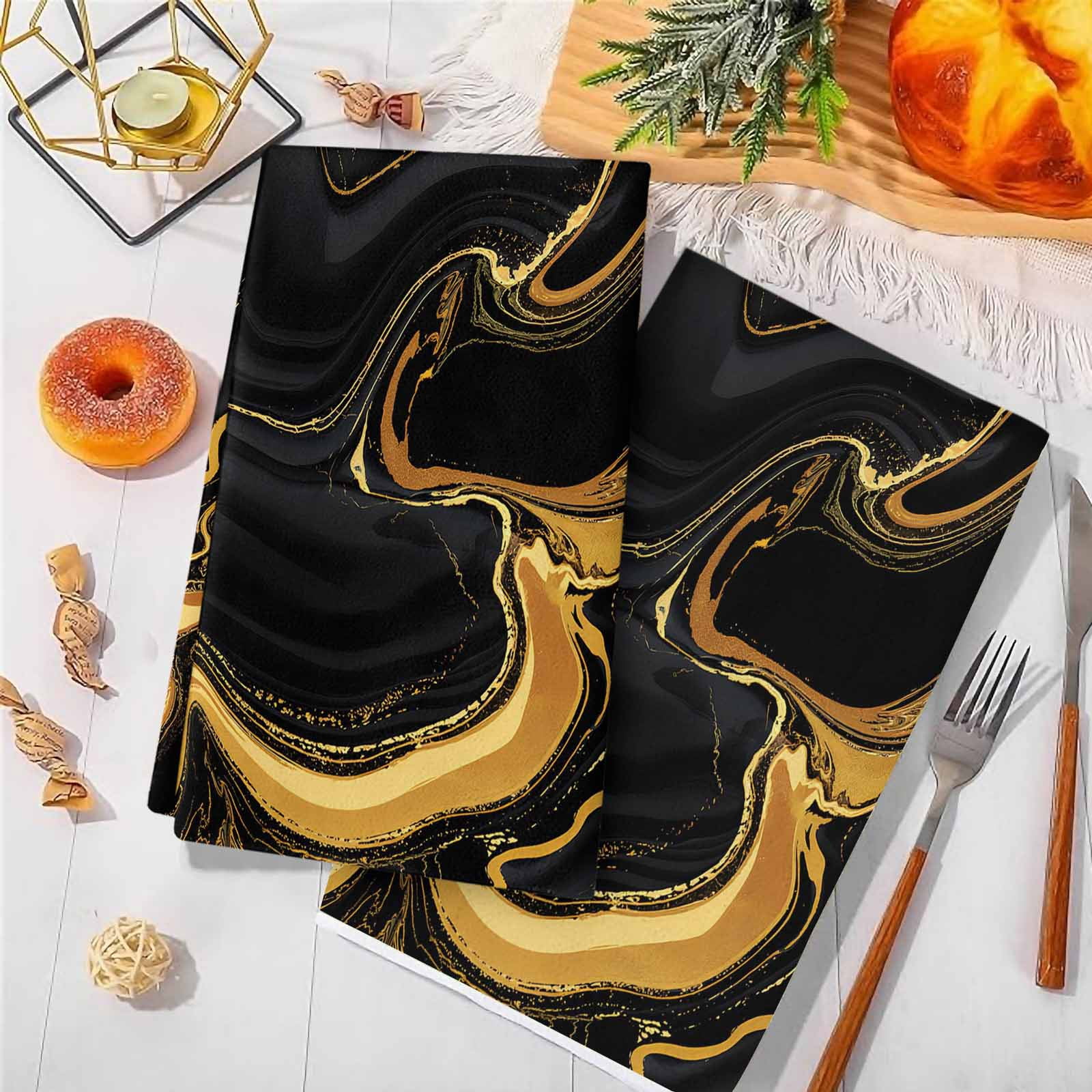 Marble Black Kitchen Towels Set of 3, Vintage Gold Art Abstract Farmhouse Soft Microfiber Dish Towels, Absorbent Quick-Dry Washable Dishcloths for Kitchen Cleaning, Drying Dishes, 18x28 Inches