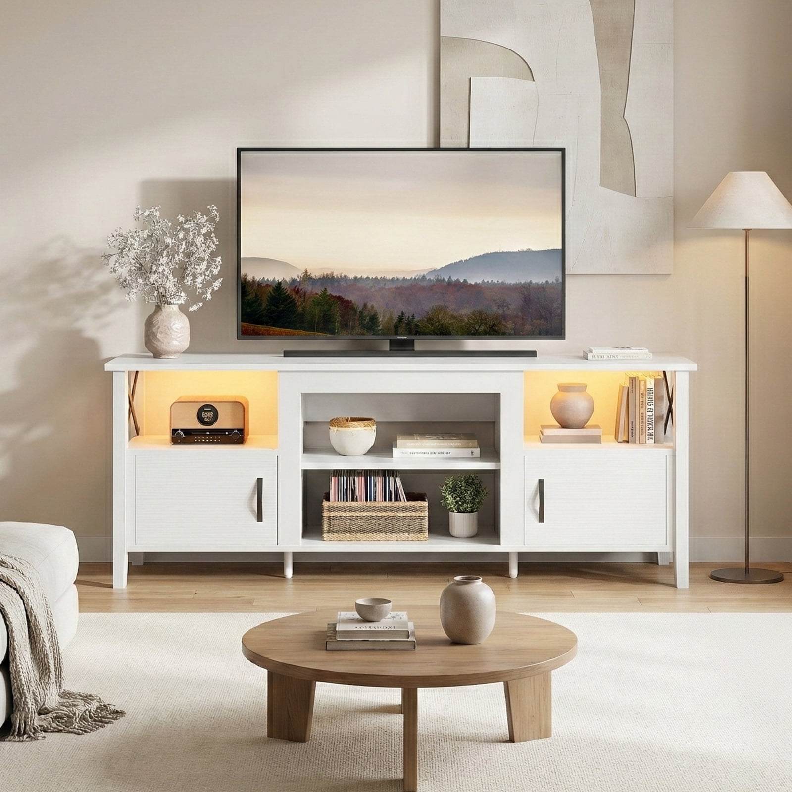 Bestier LED TV Stand for 65 inch TV Entertainment Center for TVs with Storage Cabinet in White