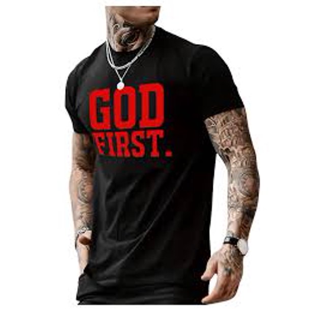 T - Shirt Featuring Bold "God First" Slogan, For Faith - Centered Fashion