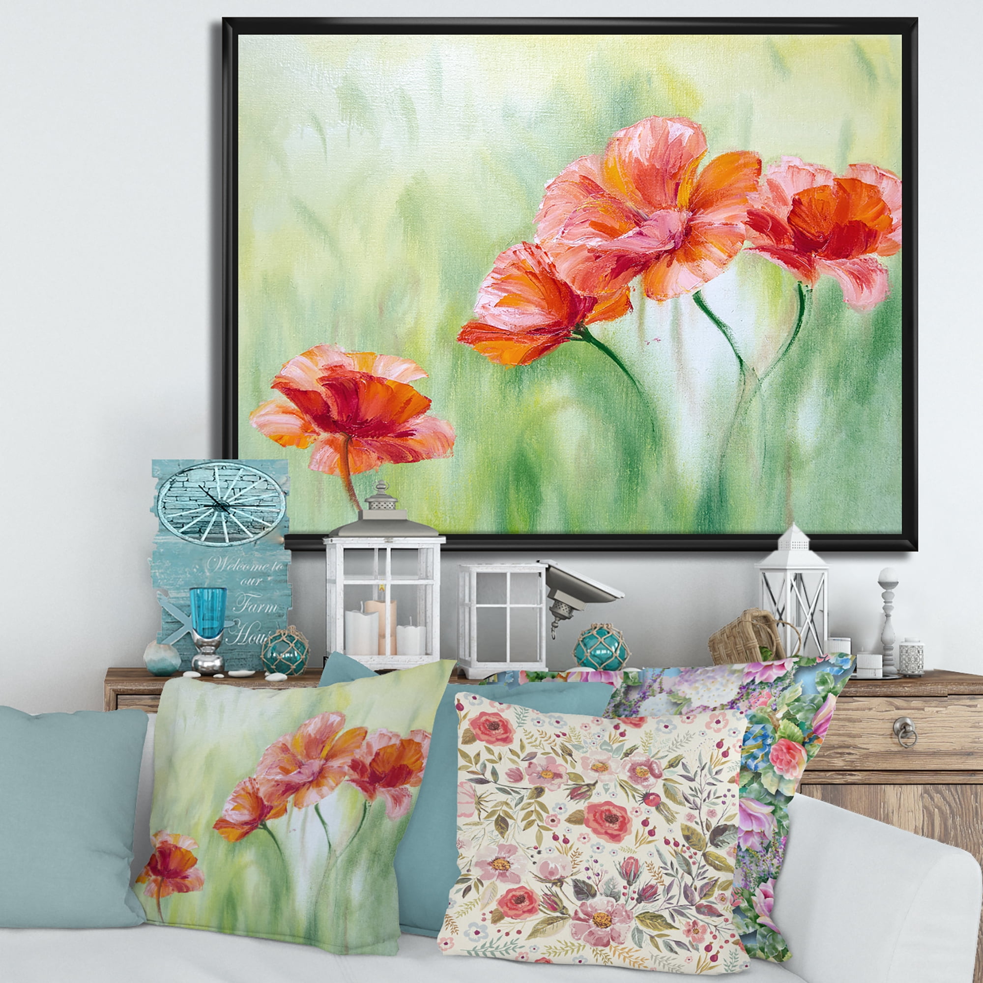 Designart 'Red Blossoming Poppies Over Wild Green I' Traditional Framed Canvas Wall Art Print