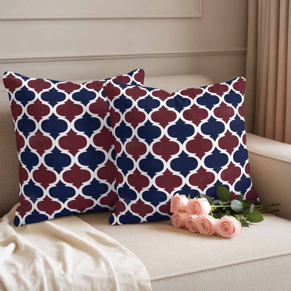 Waterproof Throw Pillow Covers 18x18 Set of 2, Independence Day Moroccan Pattern Burgundy Red Buffalo Plaid Outdoor Pillowcases, Vintage Blue Grid Decor Cushion Covers for Patio Garden Sofa Couch