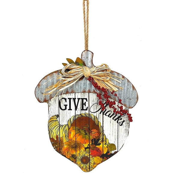 Mayrich Acorn Decor Thanksgiving Fall Autumn Wood Metal Decor Wall Door Inside Outside 12" x 12" Give Thanks