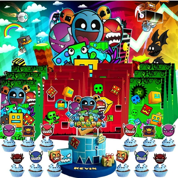 Geometry Dash Treat Bags Candy Decorations Party Favor Supplies Birthday Cake Topper Backdrop Banner