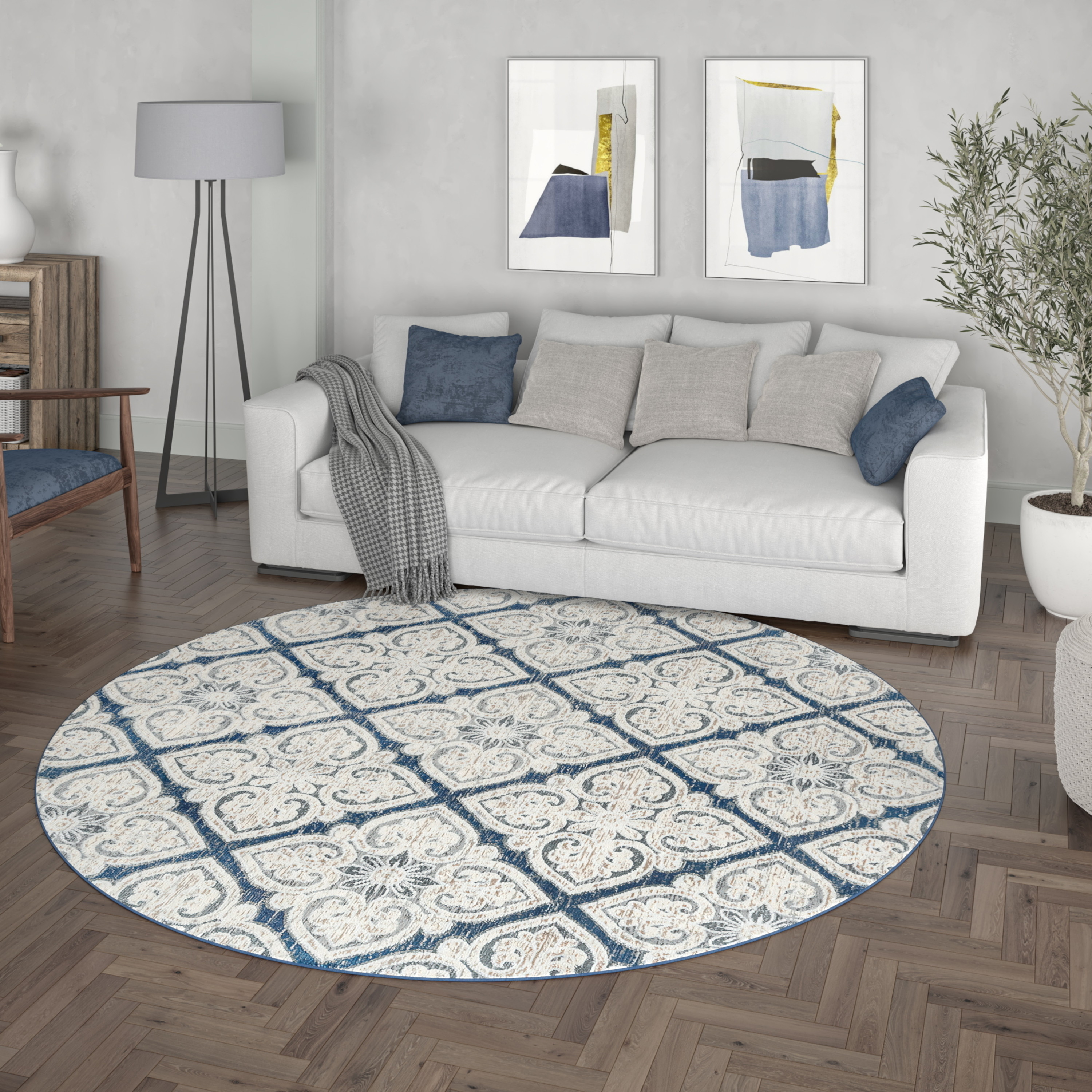 Madison Traditional 5' Round Dark Blue Polypropylene Indoor Area Rug