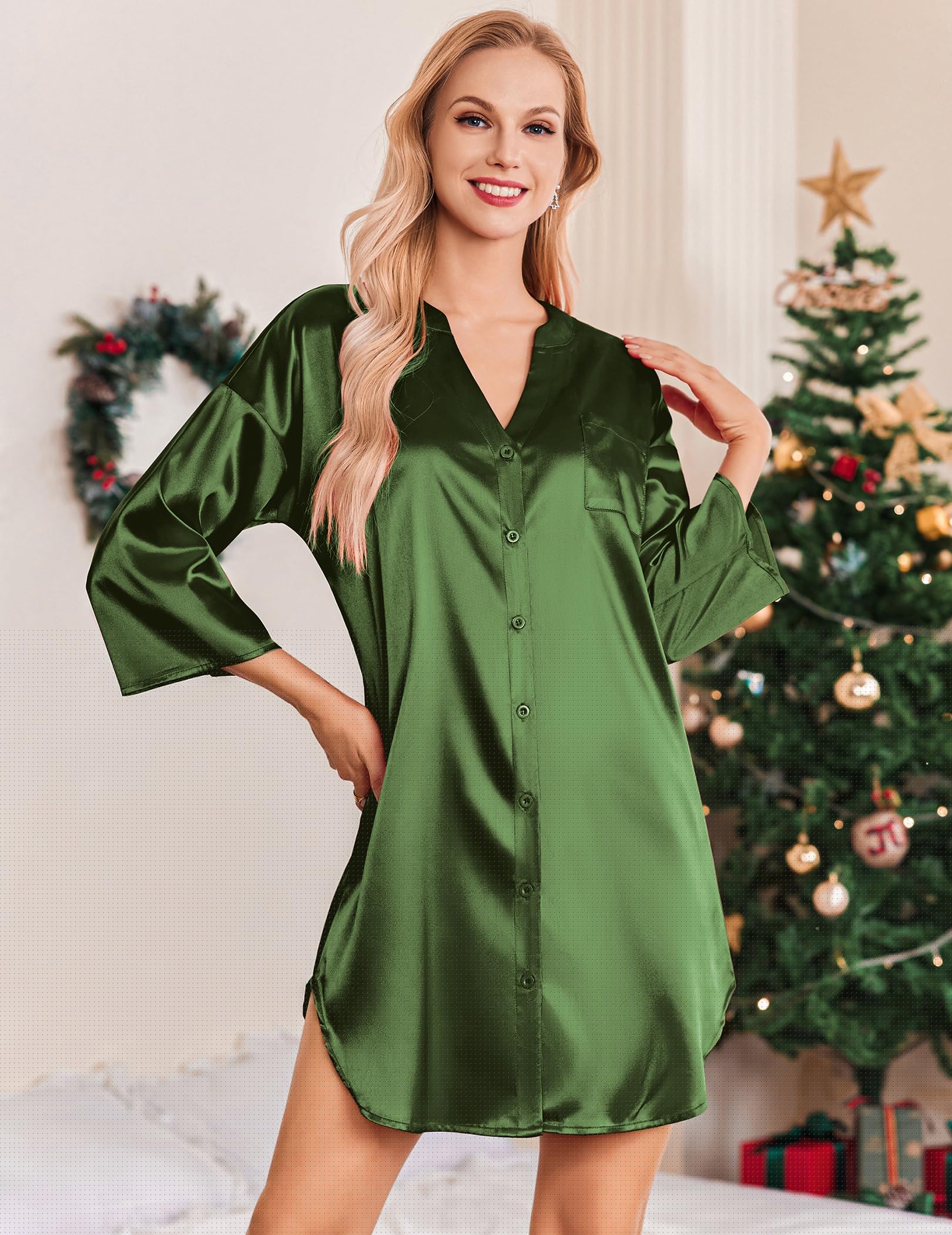 thumbnail image 5 of Ekouaer Women Satin Nightgowns Button Down Sleep Shirt 3/4 Sleeve Silk Nightshirts V Neck Nightwear, 5 of 6