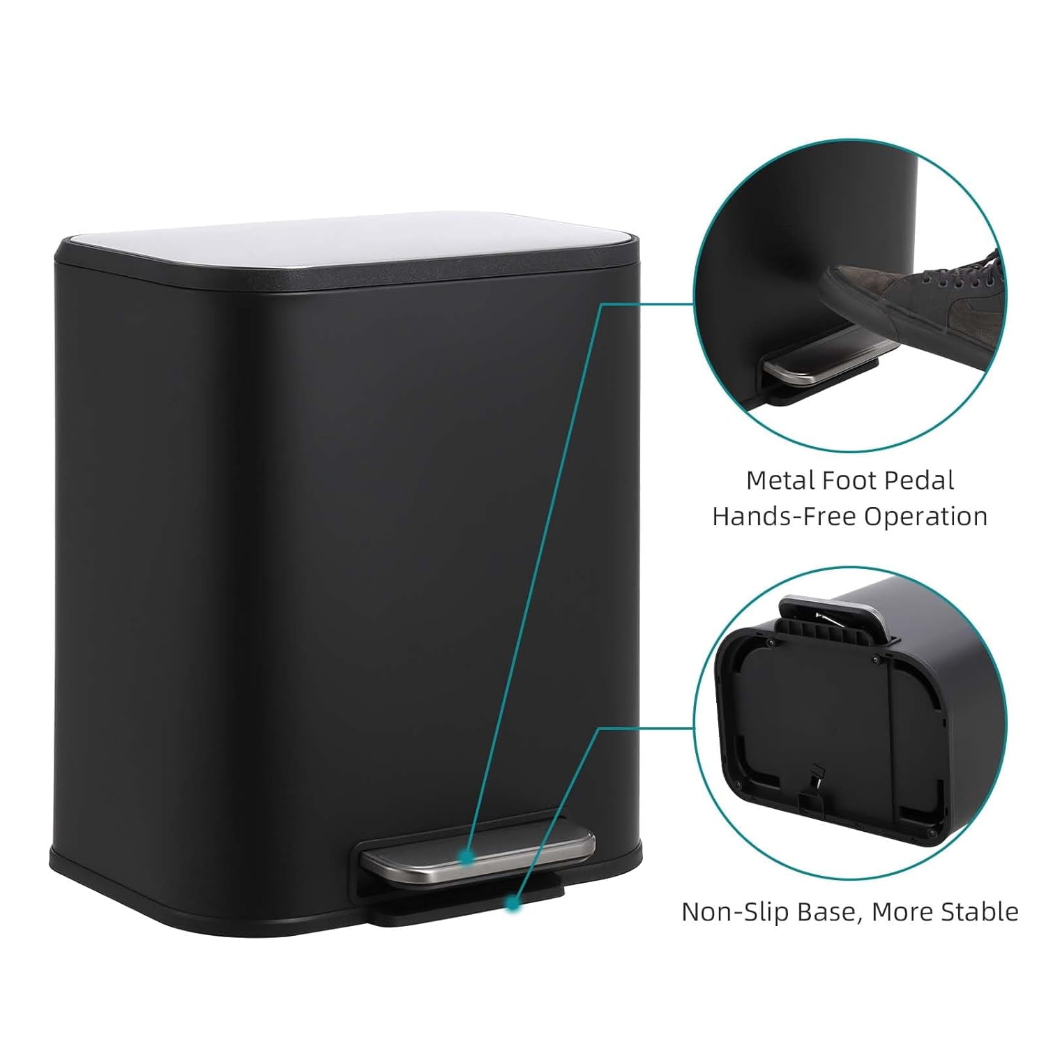 5.3 Gallon Bathroom Trash Can with Lid, Stainless Steel Foot Pedal Step Waste Bin, Removable Inner Bucket, Rectangular Small Garbage Can for Kitchen, Living Room, Black