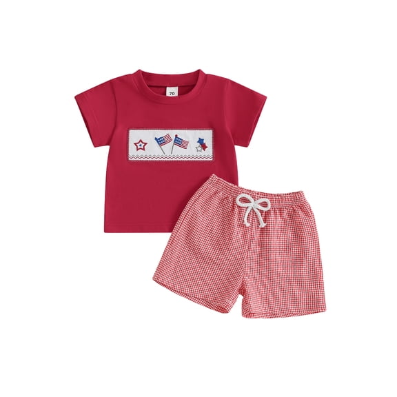 BemeyourBBs Toddler Baby Boy 4th of July Outfit Patriotic Independence Day Summer Clothes Cute Popsicle American Flag Embroidered Short Sleeve Tshirts Plaid Shorts Set