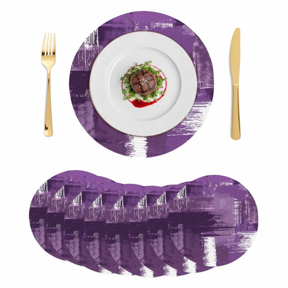 Purple Abstract Round 15 Inch Placemats Set of 8, Modern Mottled Art Oil Painting HeatResistant Non Slip Place Mats for Dining Table, Wipeable Braided Kitchen Table Mats for Housewarming