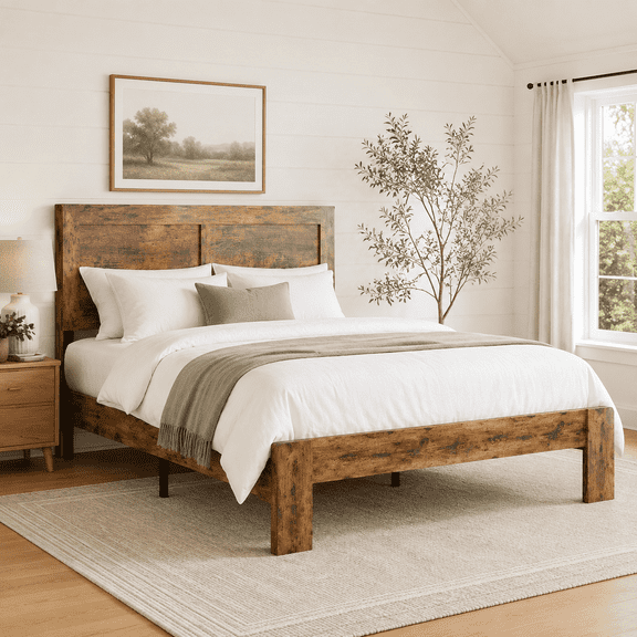 Bzbbzc Full Size Farmhouse Bed Frame with Headboard, Rustic Wooden Finish, Metal Slats, 800 lbs Weight Capacity, No Box Spring Needed, Easy Assembly, Brown