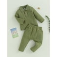 thumbnail image 3 of Qtinghua Toddler Baby Boys Fall Outfits Solid Color Turn-Down Collar Long Sleeve Tops and Elastic Waist Long Pants 2Pcs Clothes Light Green 3-4 Years, 3 of 9