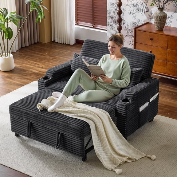 Ktaxon Sofa Bed, Corduroy Mechanical Pull-Out Loveseat, Convertible Couch for Living Room, Apartment Dark Gray