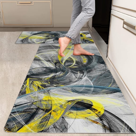 2 Pieces Kitchen Rugs, Abstract Anti Fatigue Non Slip Foam Cushioned Grey Yellow Art Modern Painting Comfort Indoor Floor Mat Runner Rug Set for Laundry Office Sink Bathroom (17"X48" 17"X24")