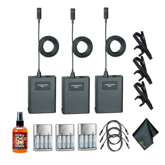 Audio-Technica Pro 70 Cardioid Lavalier Microphone (Pack of 3)   Goby Labs Microphone cleaner   Pack of 3 10 Ft XLR Cable   Pack of 3 4xAA Batteries With Charger   More