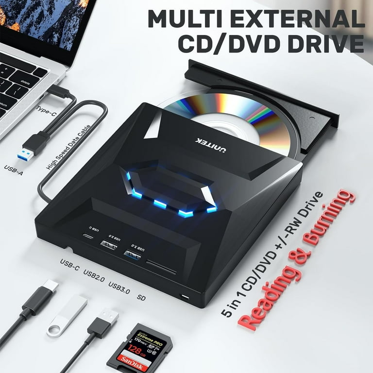 5-in-1 USB C Portable CD/DVD Drive with SD Card Reader, External