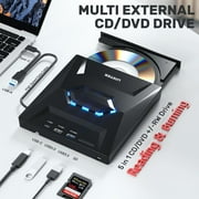 MUSICOZY External CD DVD Drive for Laptop, 5-in-1 USB C Portable CD/DVD +/-RW Drive/DVD Player with SD Card Reader, USB 3.0 USB C Hub CD ROM Burner for Mac Book Linux OS Windows