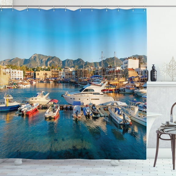 Cyprus Shower Curtain, Boats and Yachts at Kyrenia Harbor with Castle and Mountain Range on Background, Fabric Bathroom Set with Hooks, 69W X 70L Inches, Multicolor, by Ambesonne